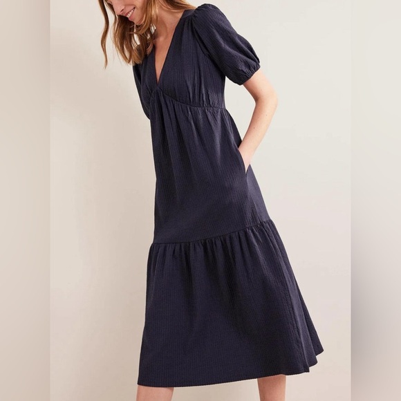 BODEN Jersey Seersucker Midi Cotton Dress V Neck Navy Blue US 12 Regular Large - Picture 1 of 10